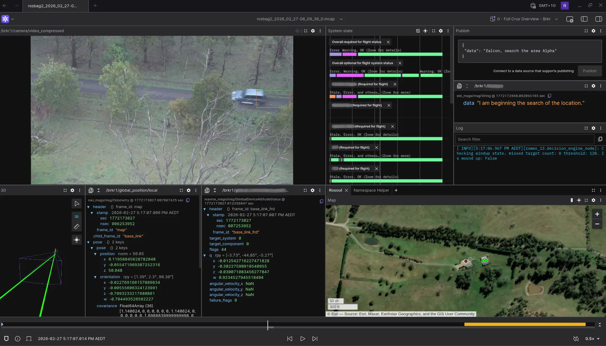 Foxglove layout showing camera feed, system state, logs, and map data during a Breaker field run.