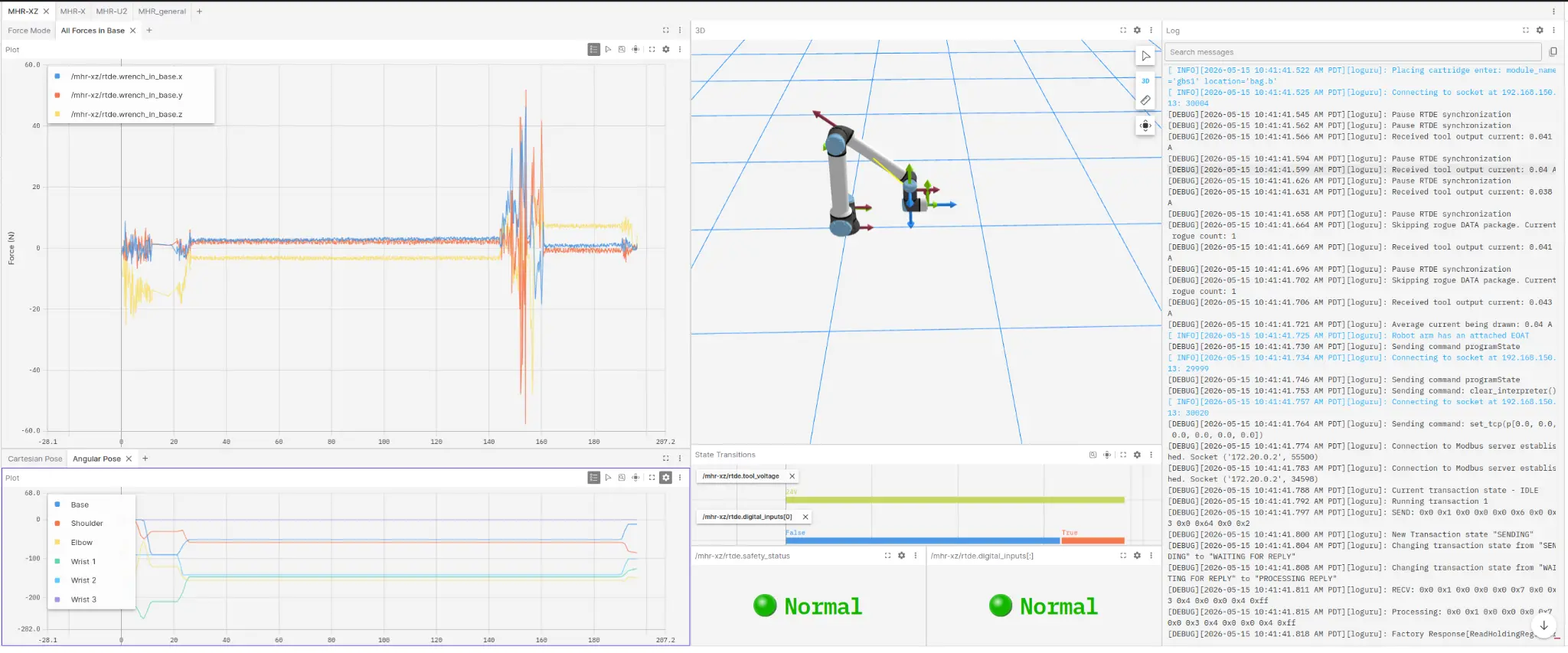 Foxglove layout showing 3D robotic-arm visualization, telemetry plots, logs, and live status indicators from a Multiply Labs run.