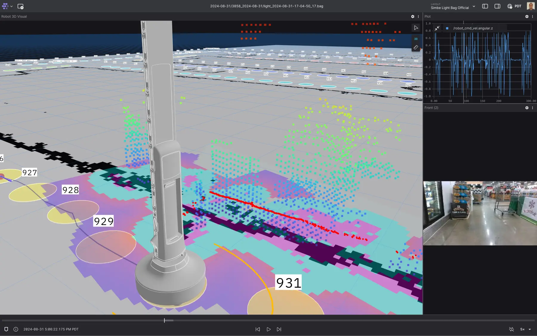 Playback of a .bag file generated by Tally on Foxglove's 3D panel.