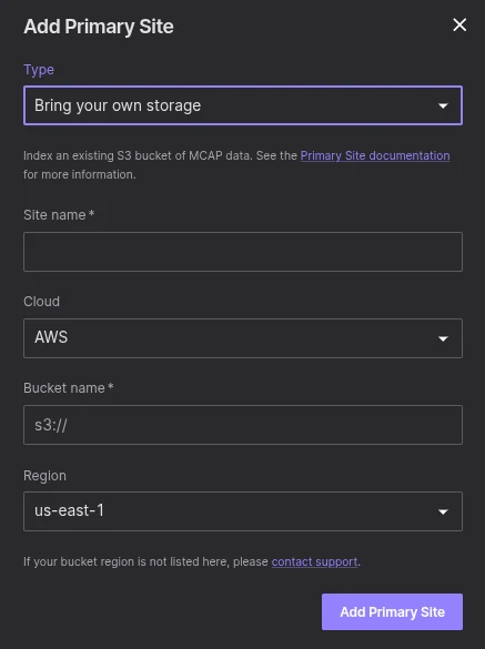 Foxglove Add Site dialog with Bring your own storage selected for an AWS S3 bucket.