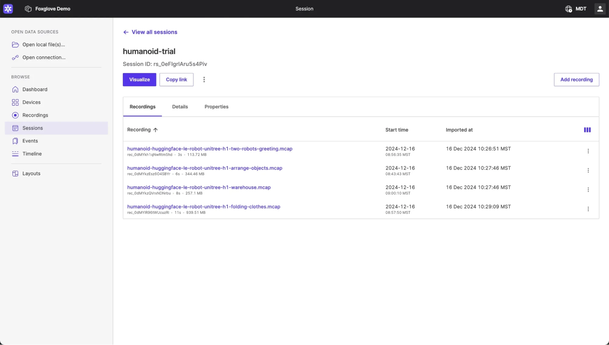 Foxglove session detail with the Recordings tab listing MCAP files grouped in a session.