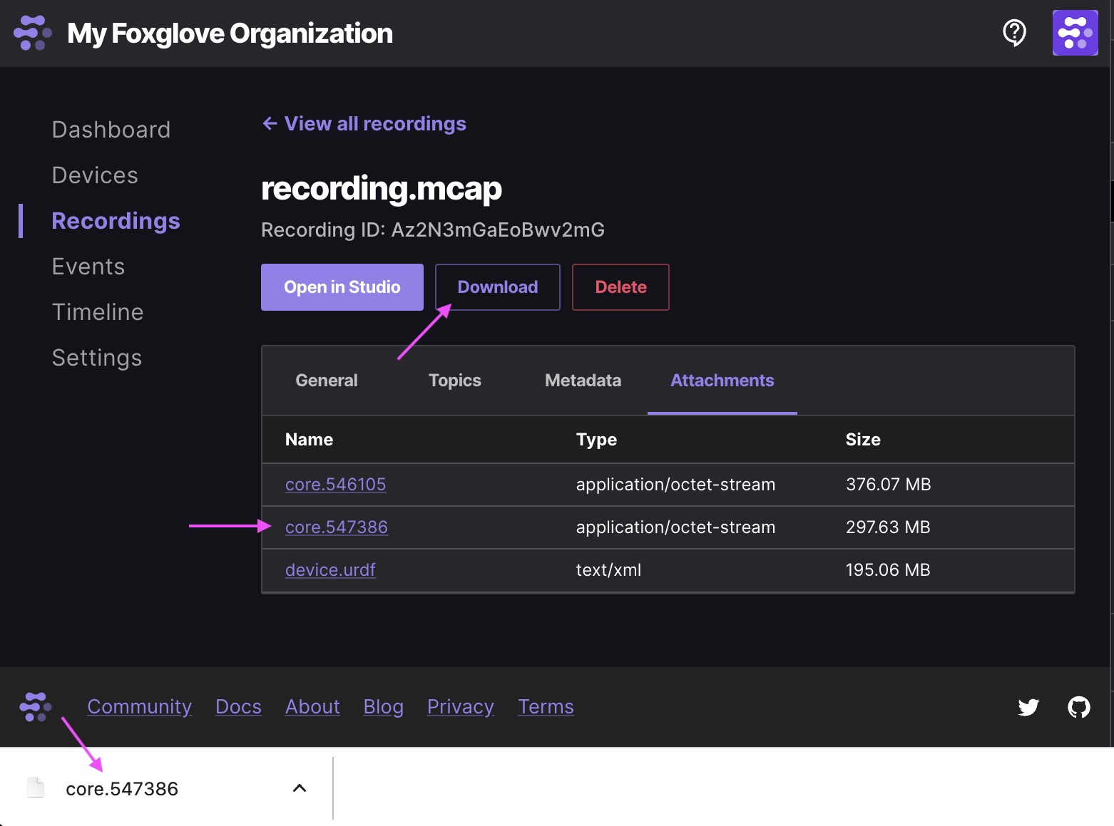 downloading a recording or its attachments