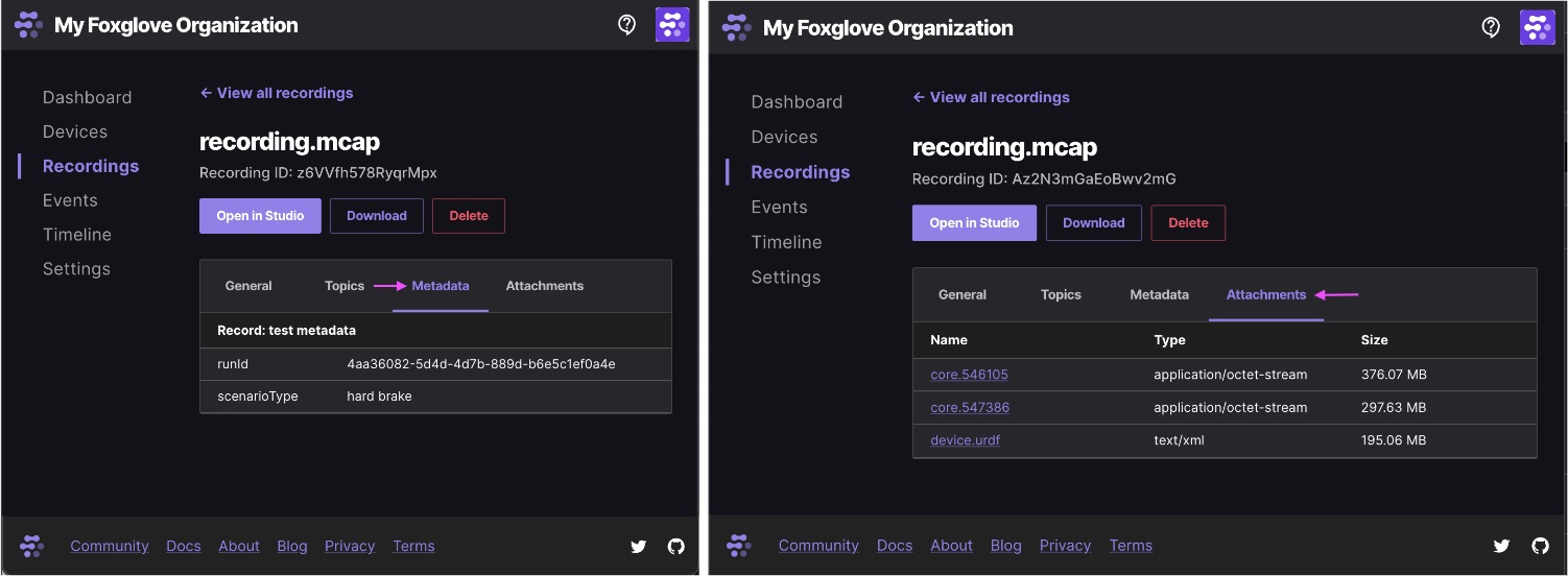 metadata and attachment tabs for a recording
