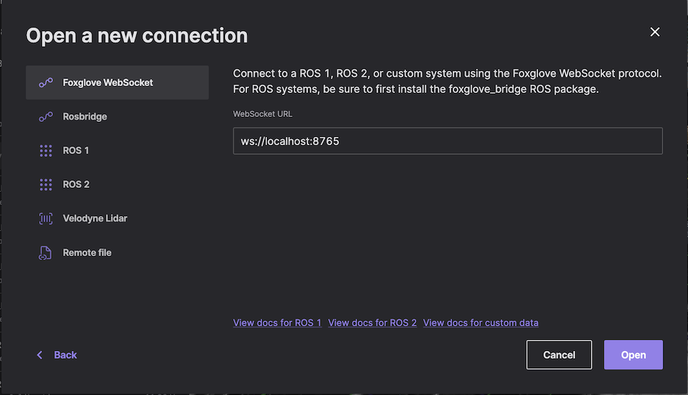 Foxglove WebSocket connection