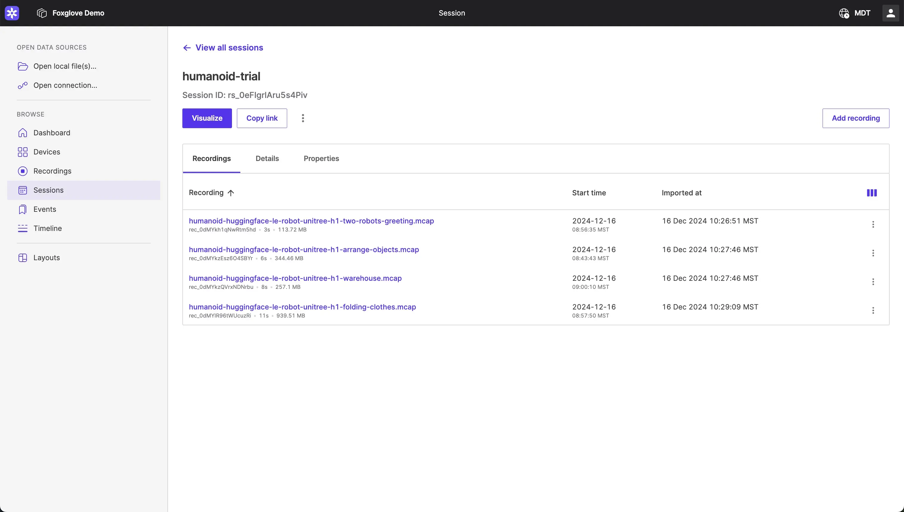 Sessions detail interface in Foxglove