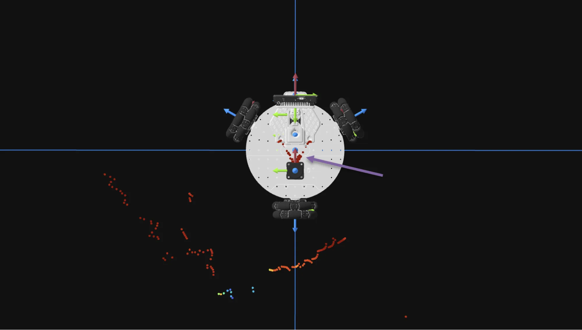 The same unfiltered scan in Foxglove, with an arrow highlighting the false obstacle the pan-tilt mechanism creates directly in front of the robot