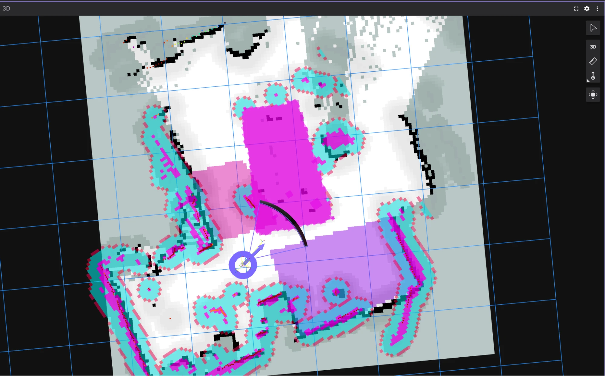 Foxglove 3D panel showing keepout and speed-limited zones overlaid as costmap layers on the map