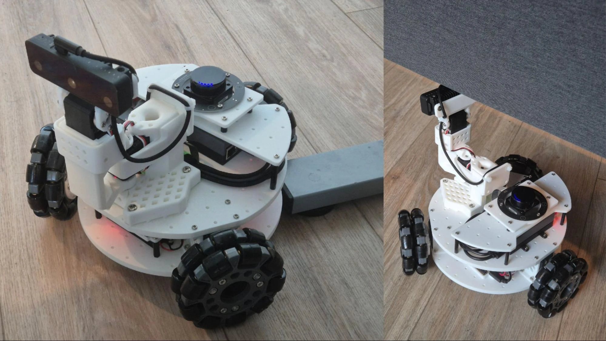 Two views of the LeKiwi robot near furniture, illustrating clearance issues the LiDAR cannot see