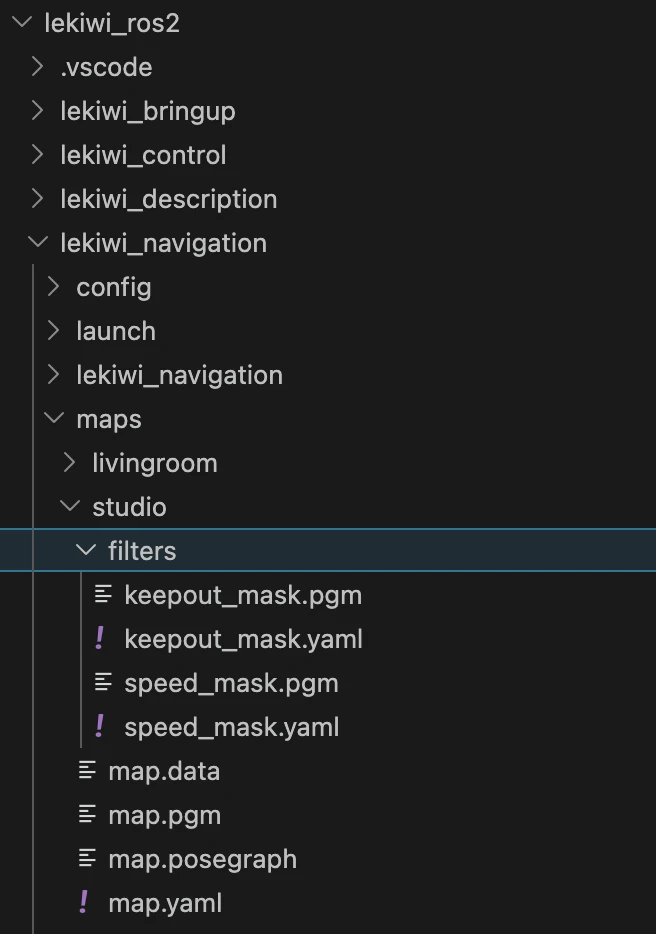 VS Code file explorer showing studio map files and filters folder with keepout_mask and speed_mask PGM and YAML files