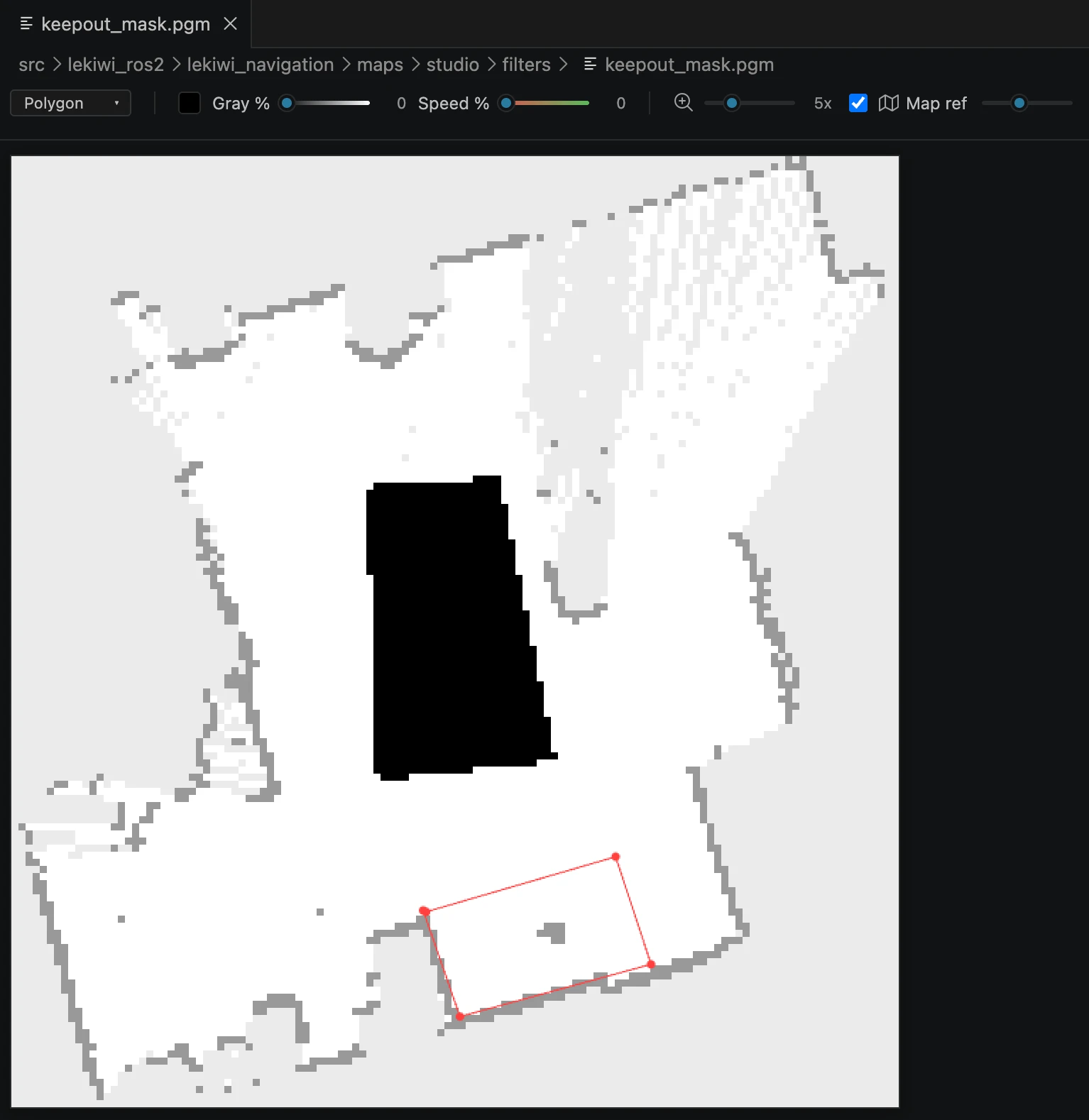 PGM Editor extension in VS Code drawing a keepout zone on keepout_mask.pgm with a red polygon selection