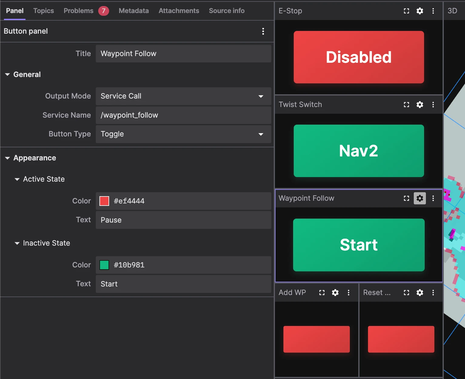 Foxglove Button panel configured for Waypoint Follow as a toggle service call to /waypoint_follow, with Start and Pause states