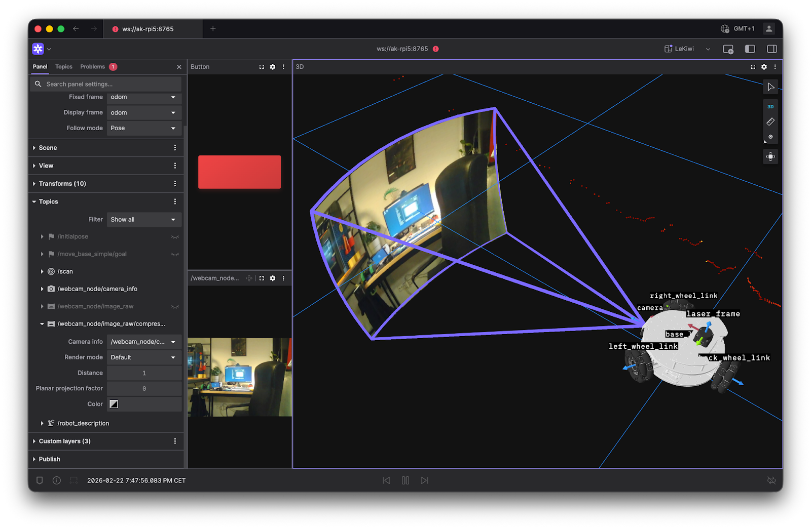 3D visualization of camera frustum and image in Foxglove