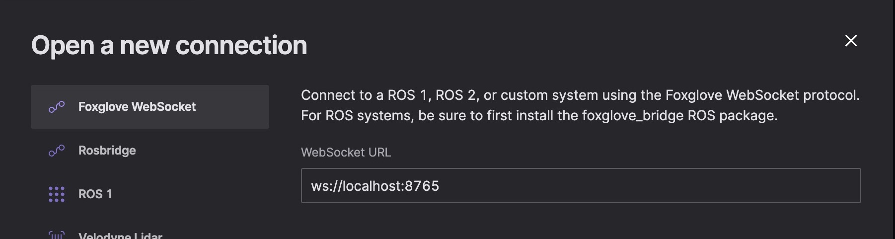 Foxglove WebSocket connection