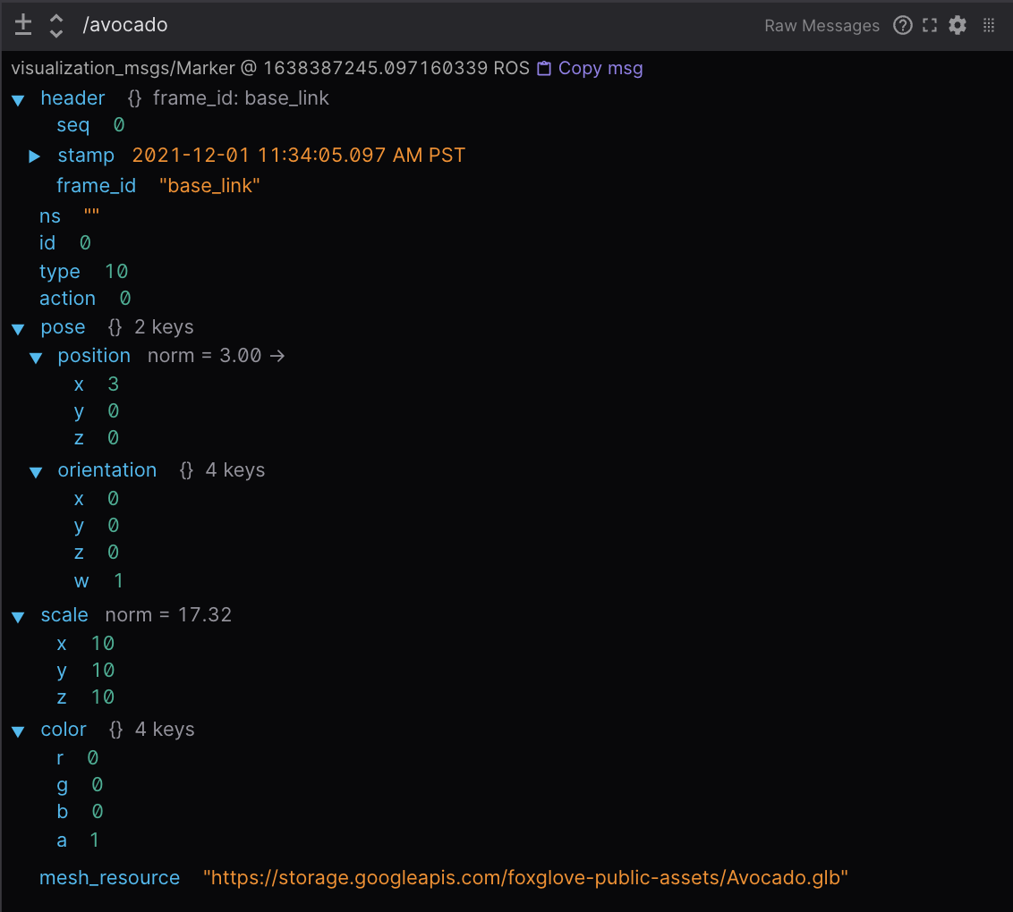 Topic in Foxglove's Raw Messages panel