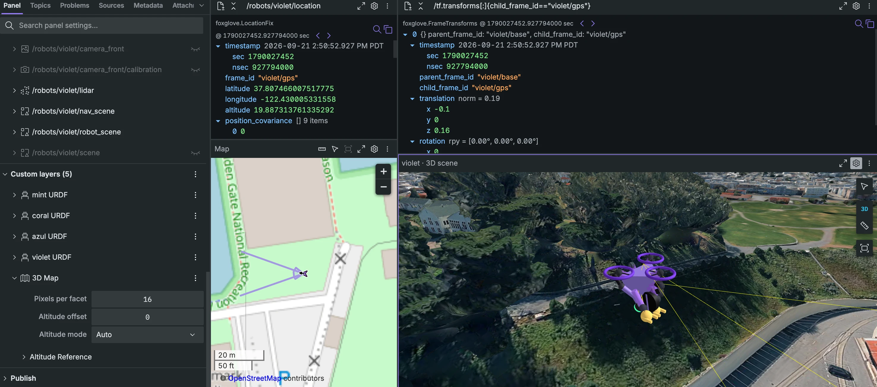 Foxglove 3D Map layer settings with Altitude mode set to Auto, beside GPS data, a transform, and a drone over Fort Mason.