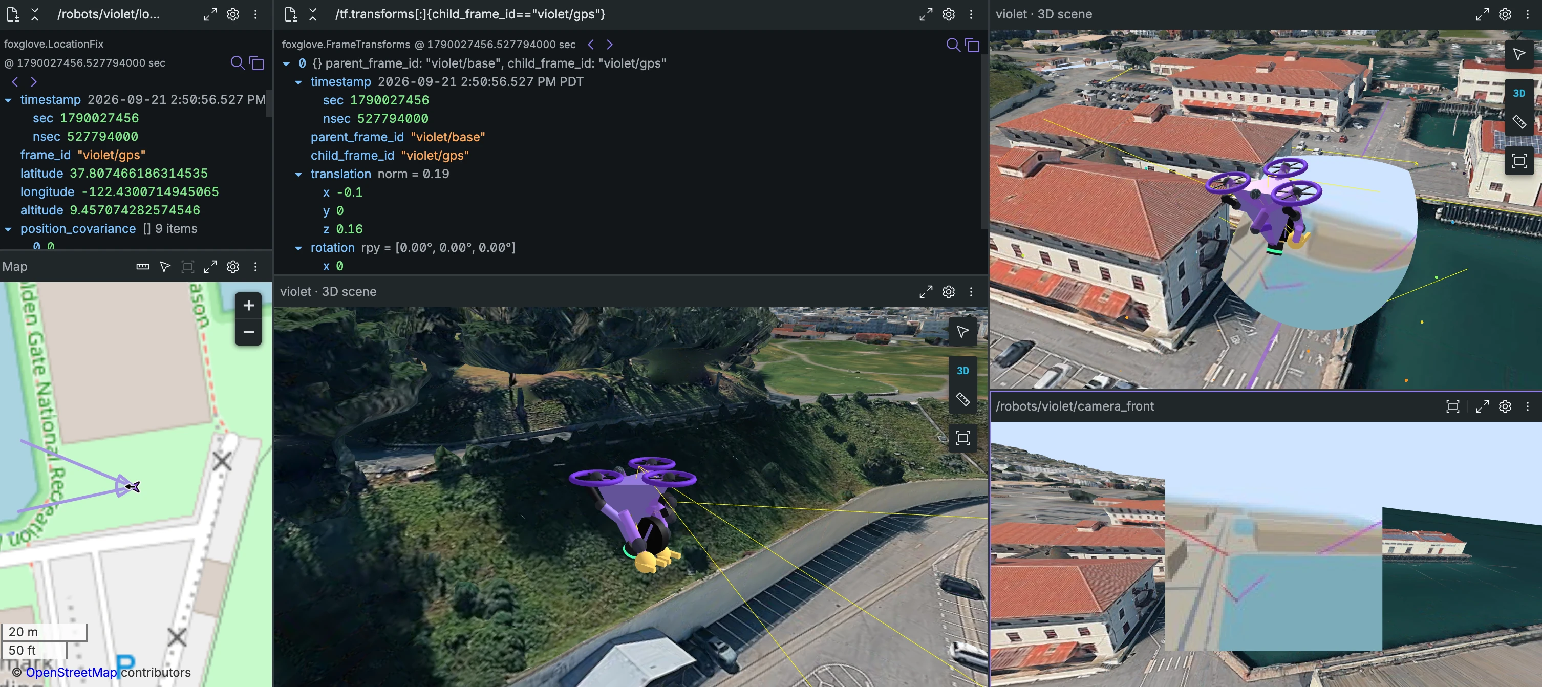 Foxglove layout showing a drone's GPS location, base-to-GPS transform, 2D map, 3D views of Fort Mason, and camera feed.