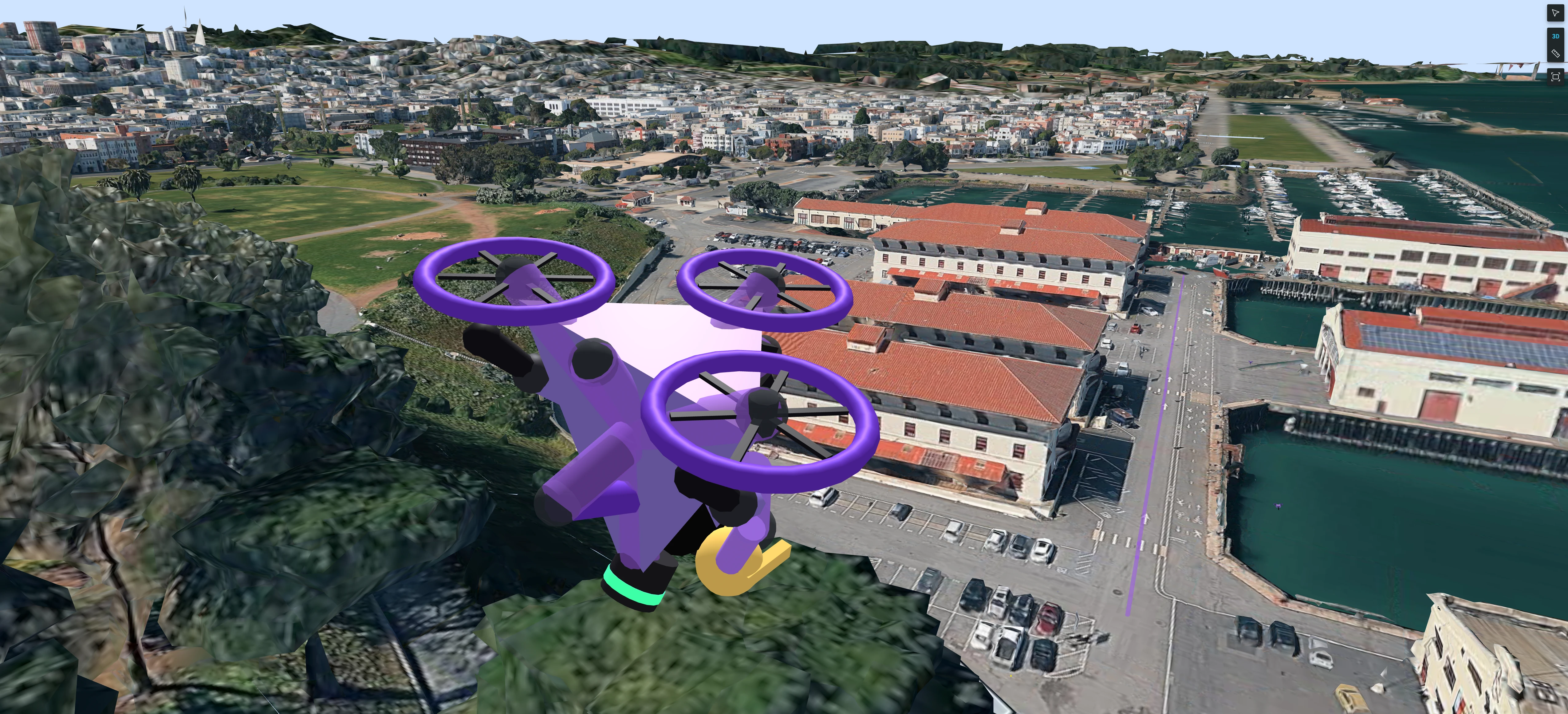 Simulated purple delivery drone above Fort Mason buildings and waterfront in Foxglove's 3D panel.
