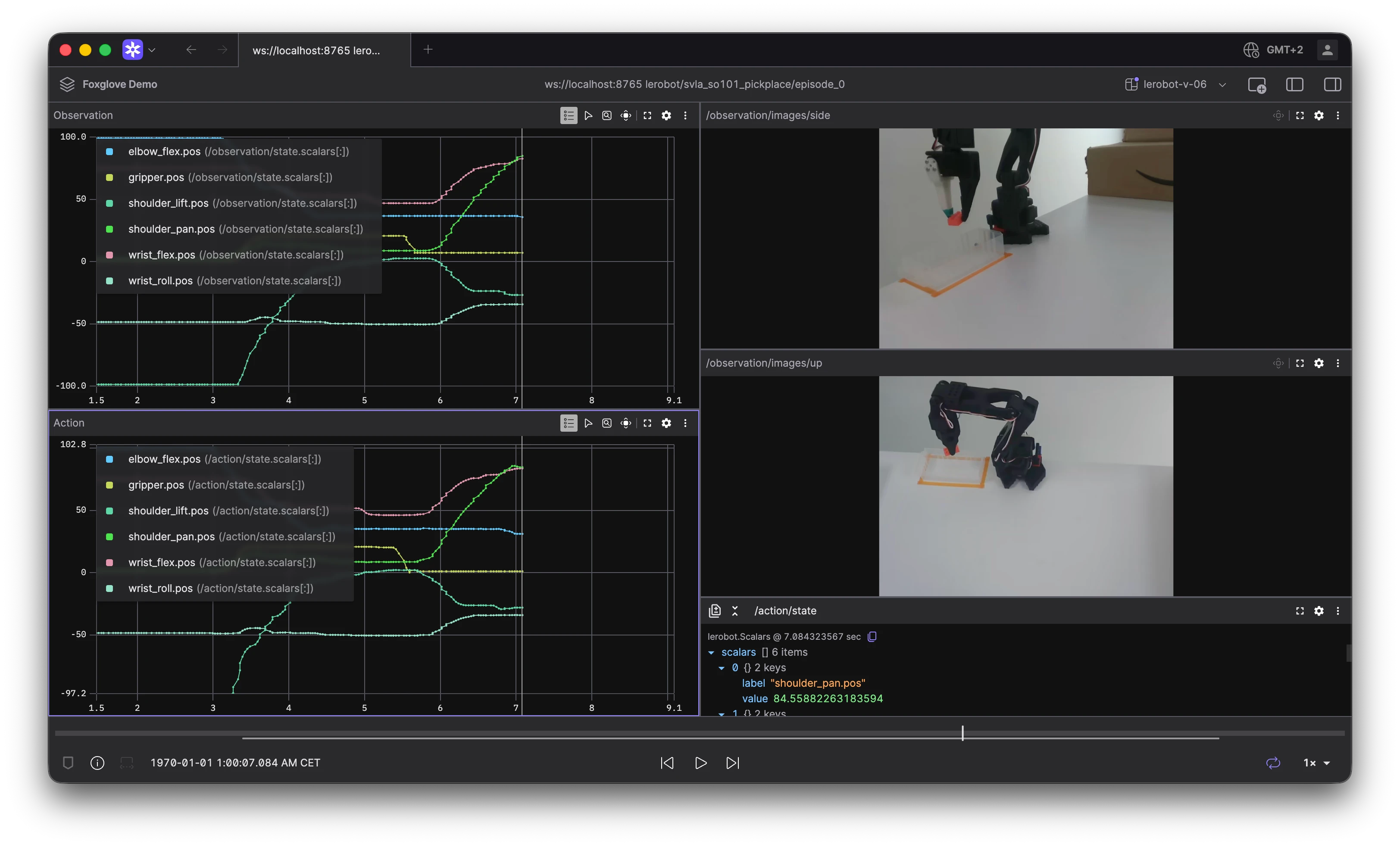 An SO-101 arm teleoperated live with camera feeds and joint/action plots in Foxglove