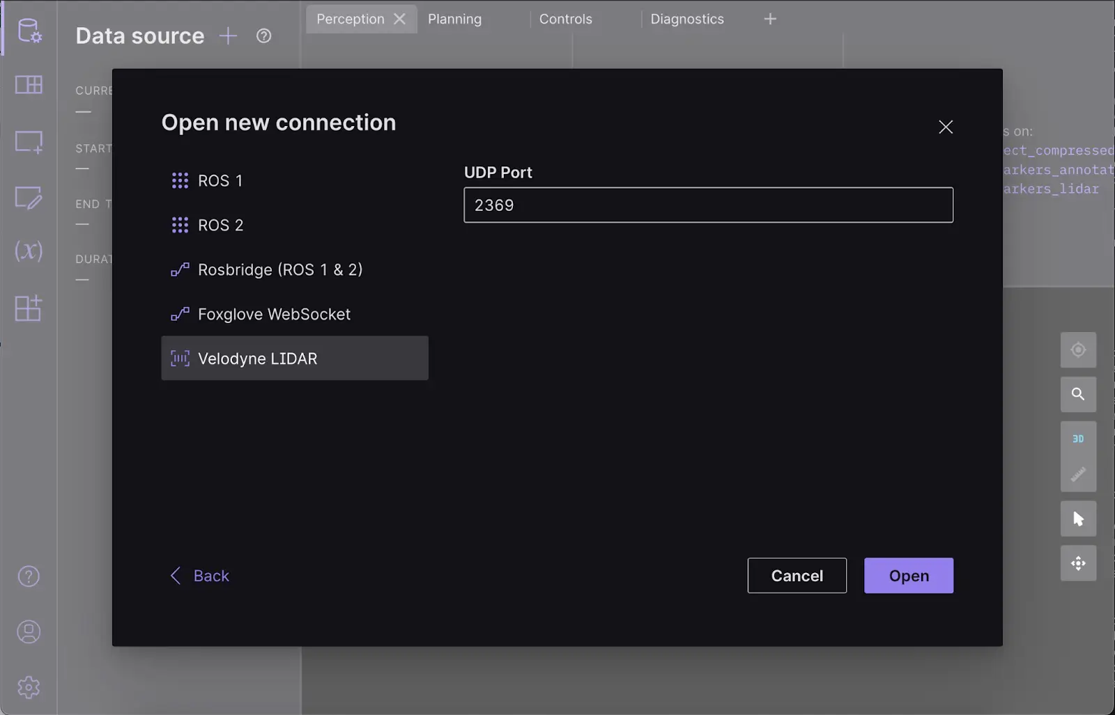 Setting the connection's UDP port in Foxglove