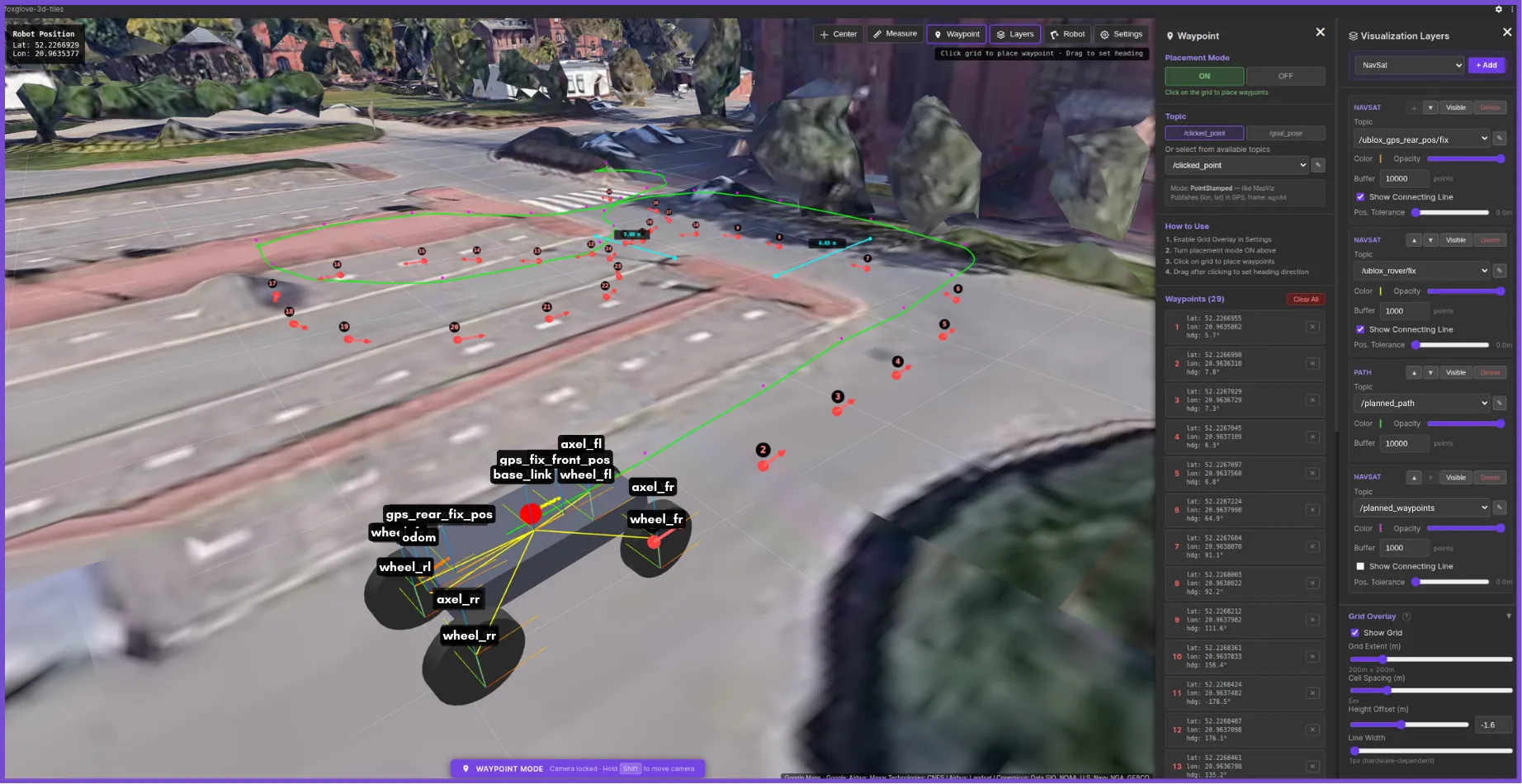 Live TF frames and navigation paths overlaid on photorealistic 3D map tiles in Foxglove.