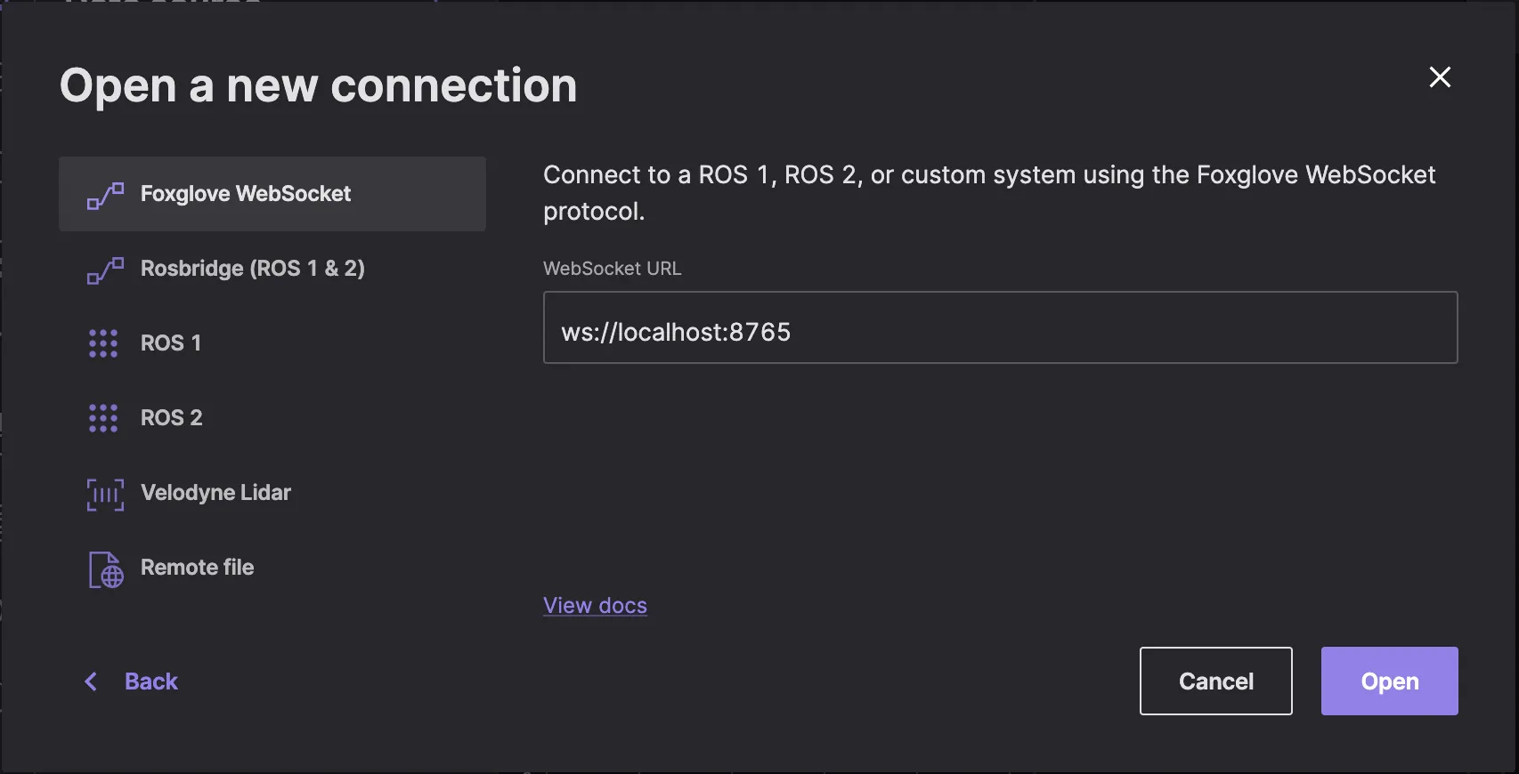 Foxglove WebSocket connection