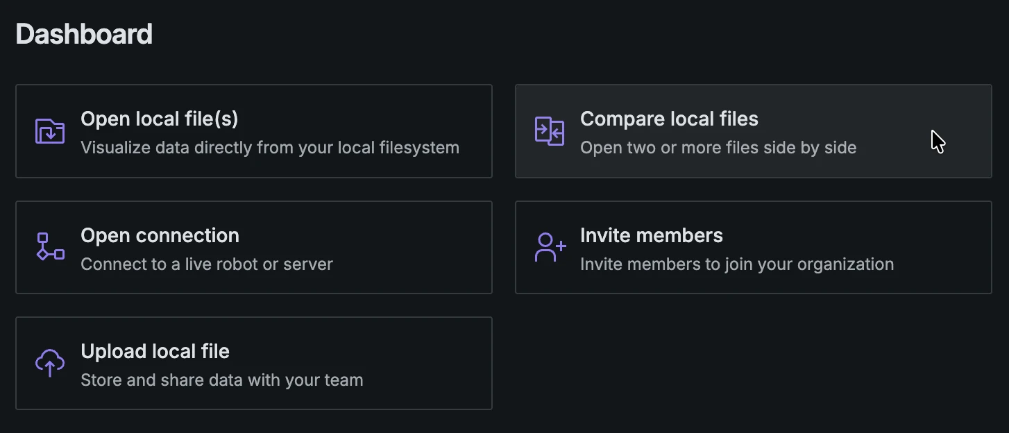 Foxglove dashboard with cursor hovering over the Compare local files option in the menu