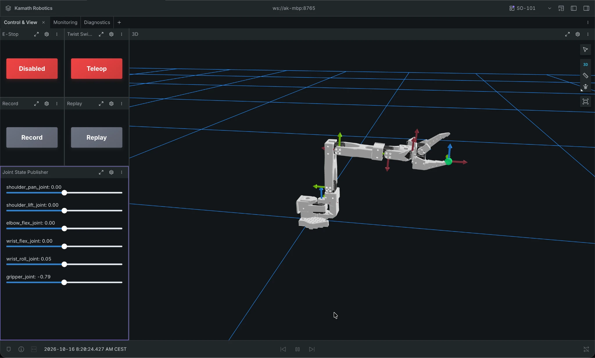 Foxglove layout showing E-Stop, Teleop, Record, and Replay buttons alongside joint sliders and a 3D view of the SO-101 arm