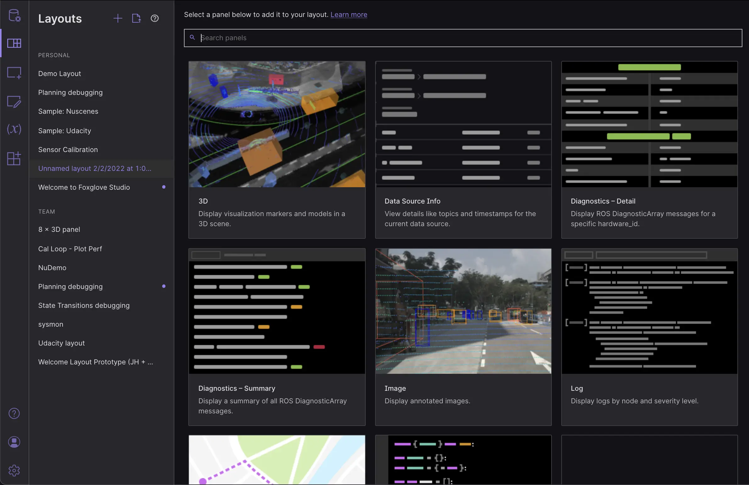 grid of panels in Foxglove