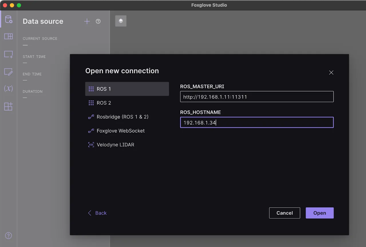 Foxglove's data source dialog