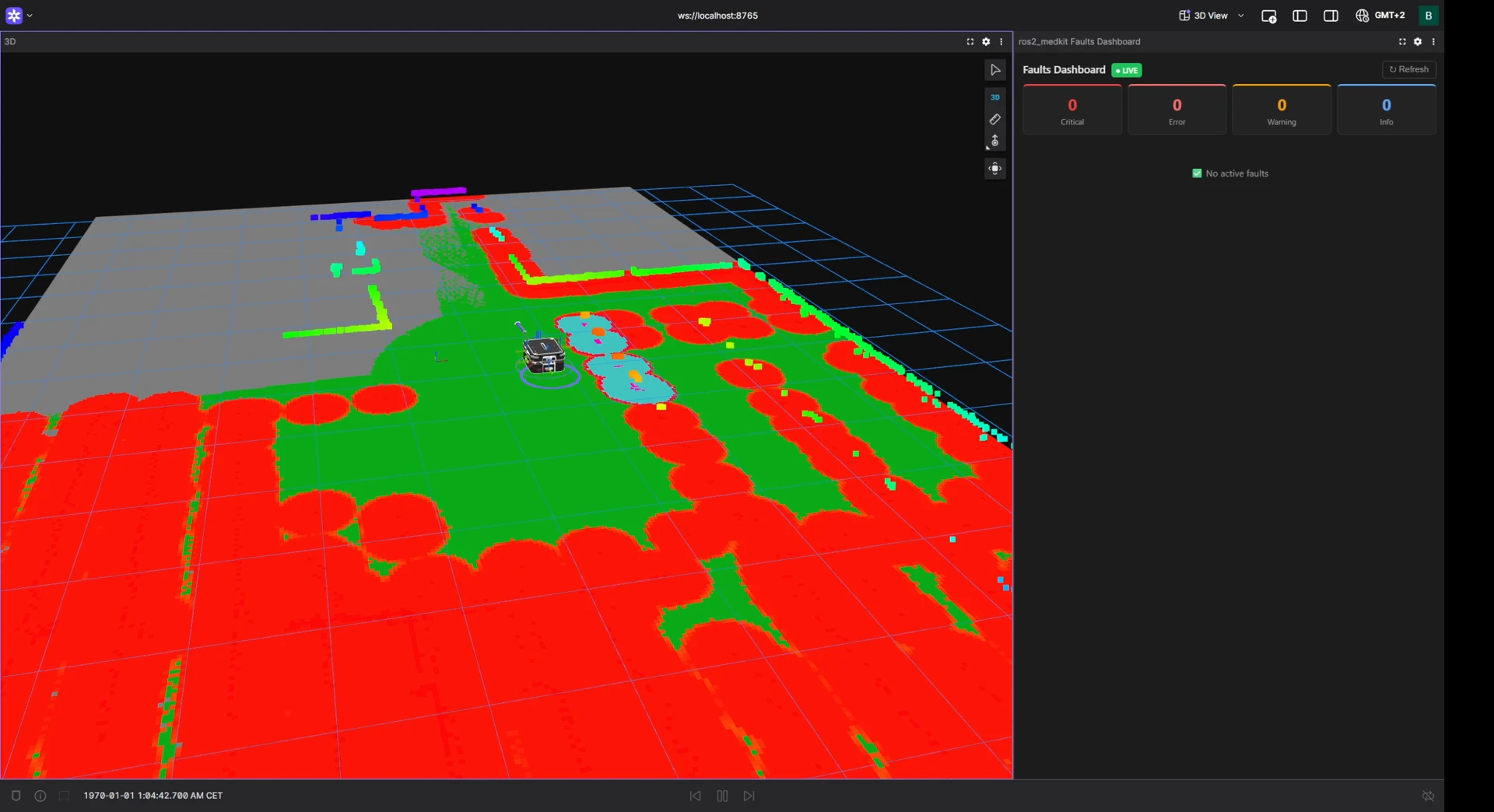 The mission resumes: faults cleared, the robot drives on