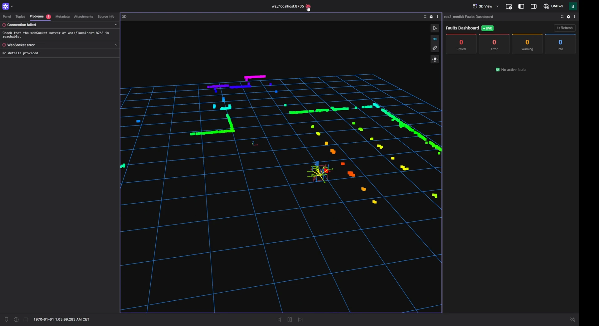 The operator's 3D link drops, while the fault dashboard keeps updating
