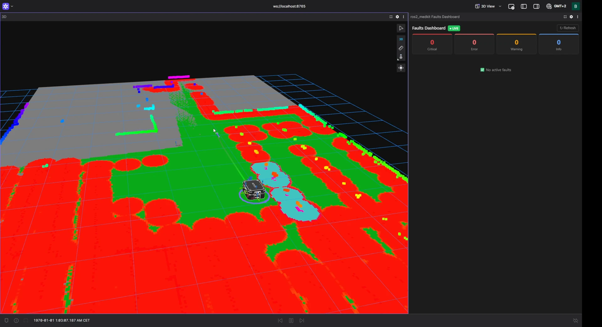 The RB-Theron in the warehouse - live scan, costmap, and a clear fault dashboard