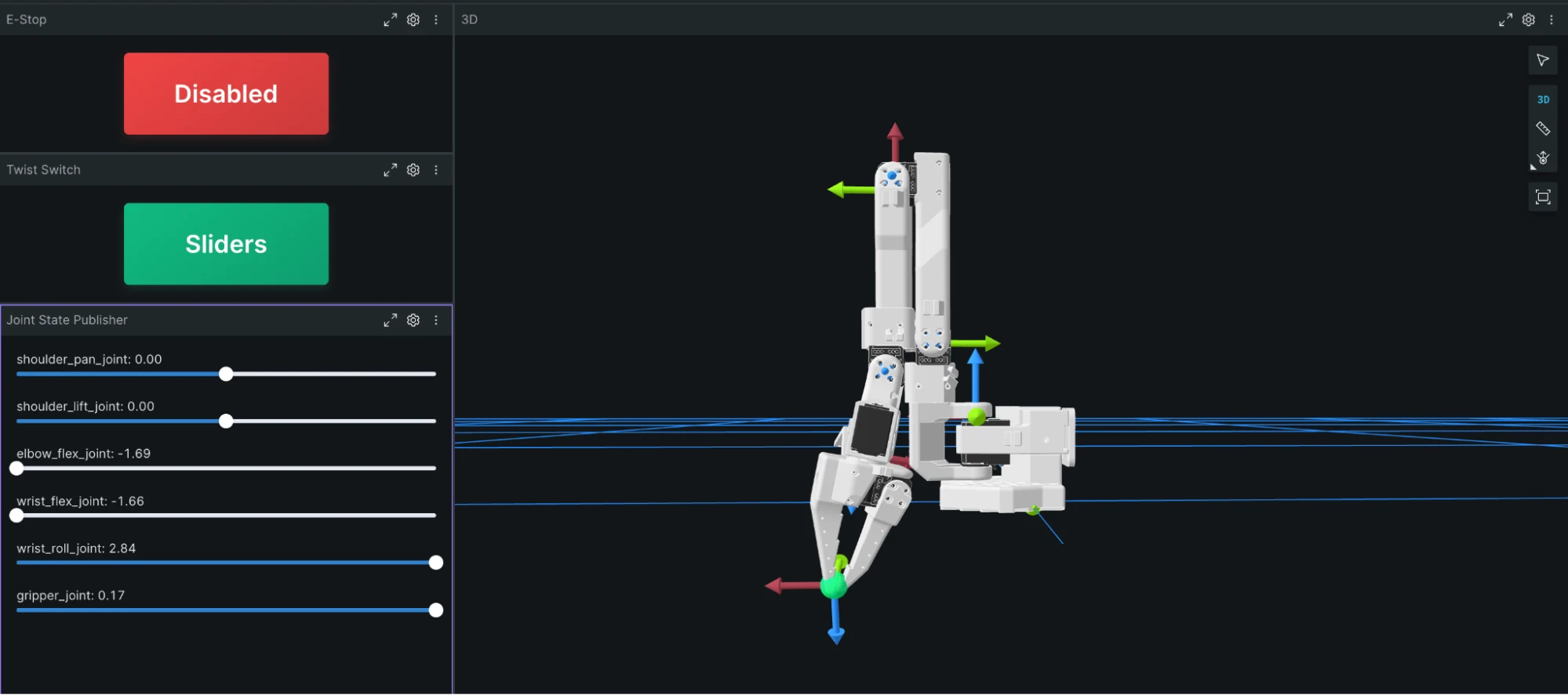 Foxglove 3D view of the SO-101 after CollisionResolver clamps a colliding command to the last safe pose