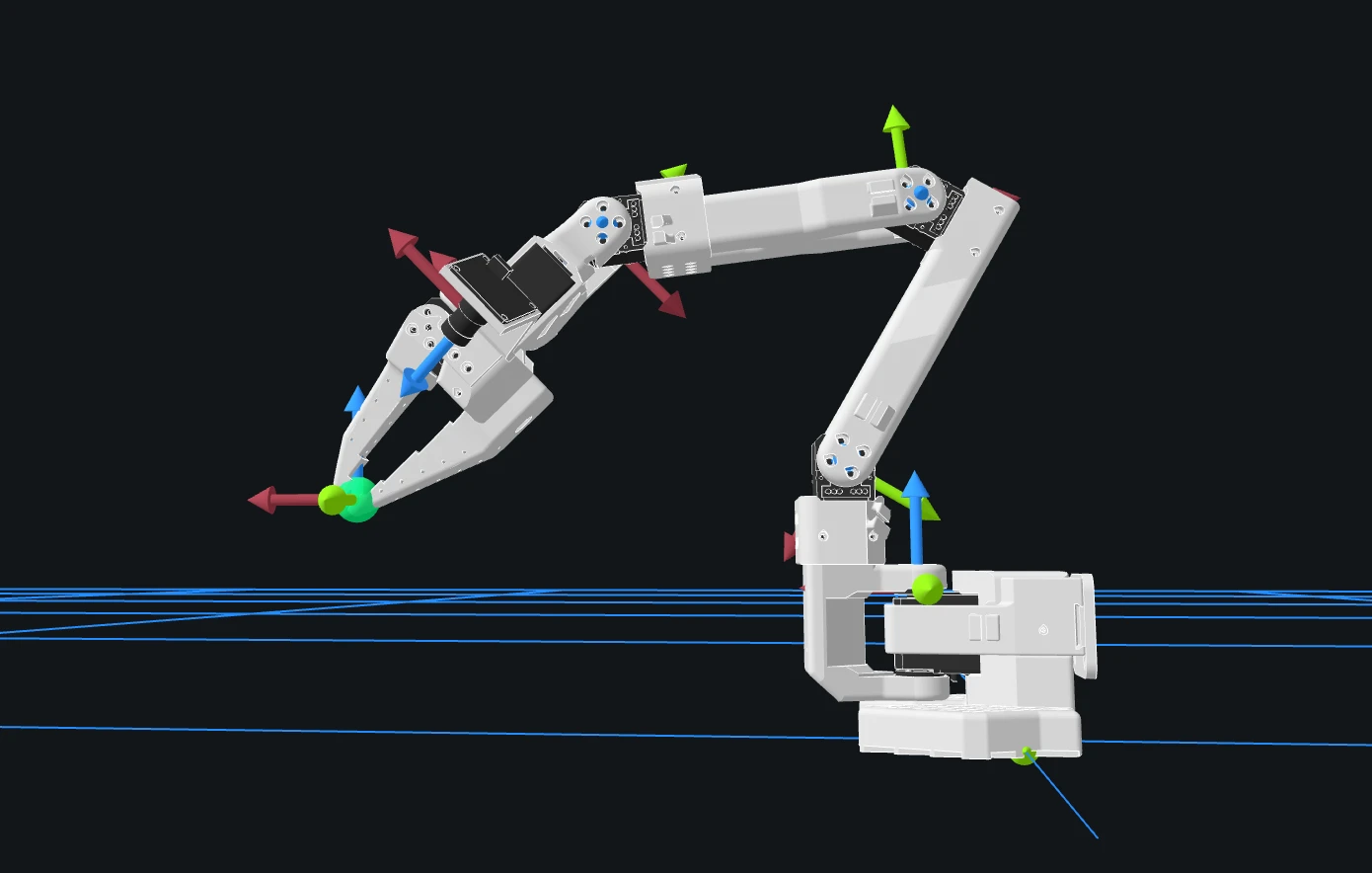 SO-101 arm in Foxglove's 3D panel tracking a green spherical IK target at the gripper
