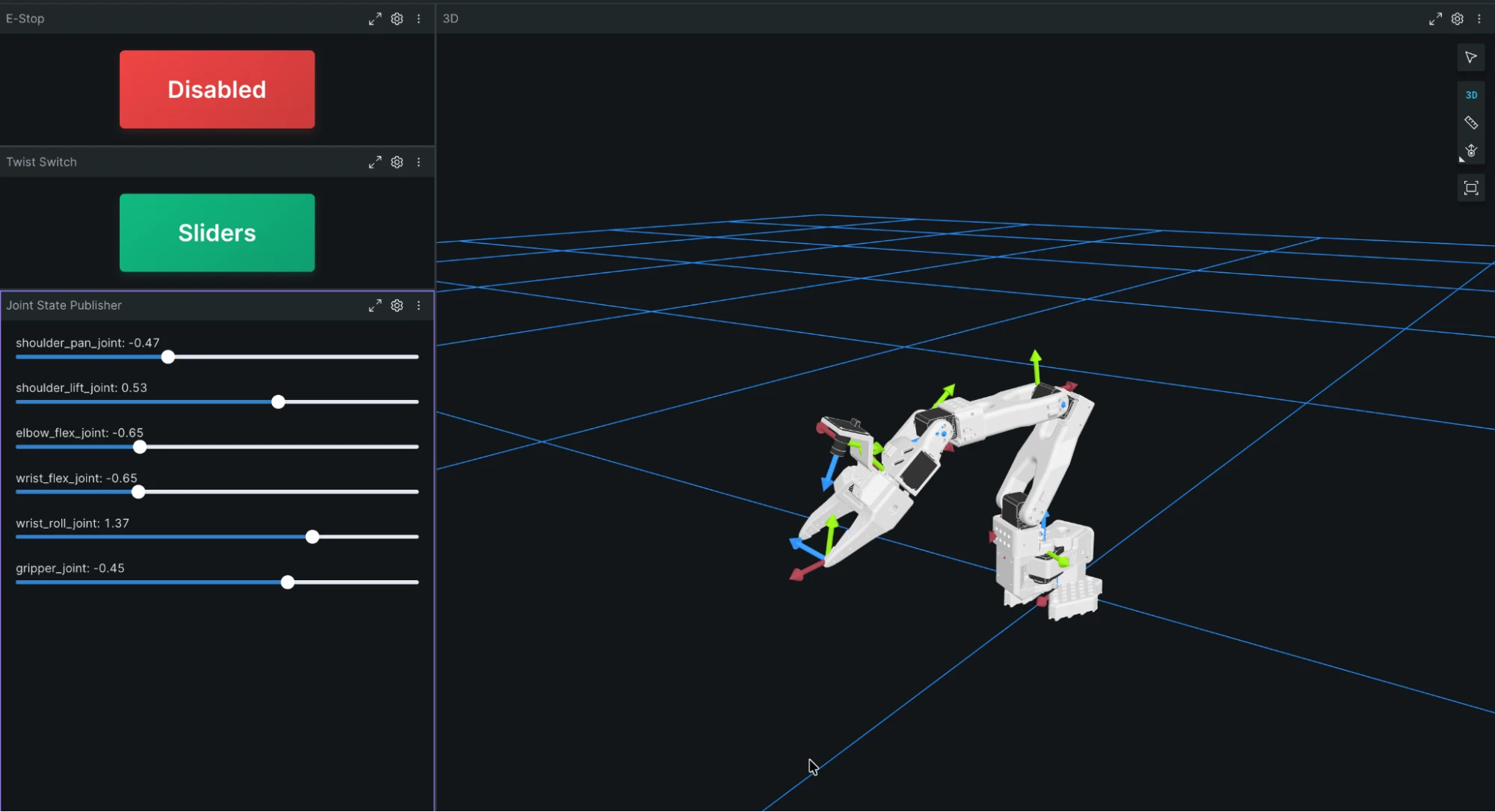 Foxglove layout with joint sliders and a 3D view of the mocked SO-101 arm
