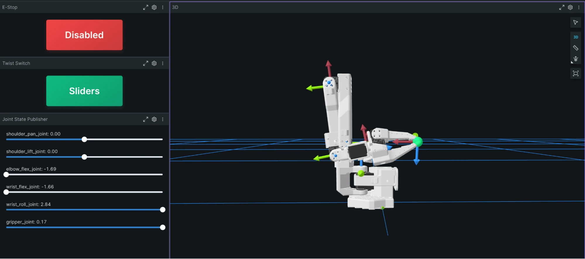 Foxglove 3D view of the SO-101 arm in a self-colliding pose, with joint sliders on the left