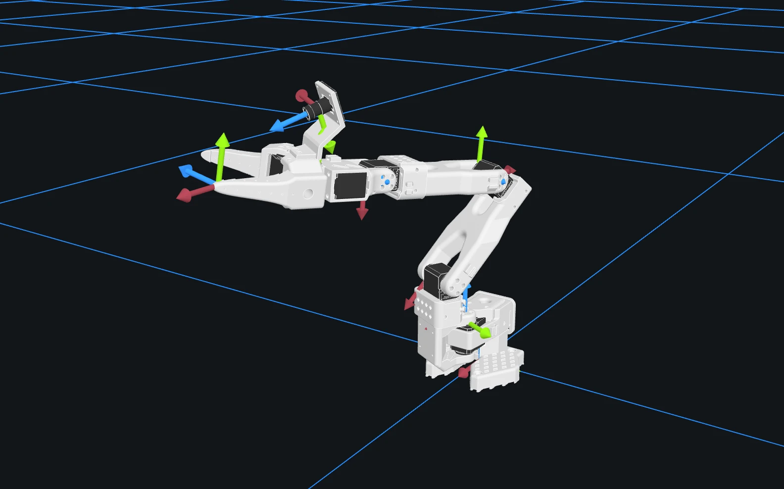 SO-101 URDF visualized in Foxglove's 3D panel with joint frames shown on the arm