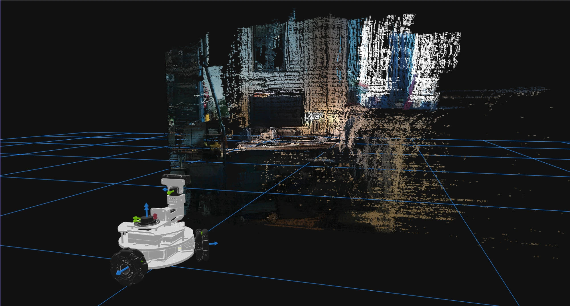 Foxglove's 3D panel showing a full-color RGBD pointcloud of a room, with the LeKiwi robot model in the foreground