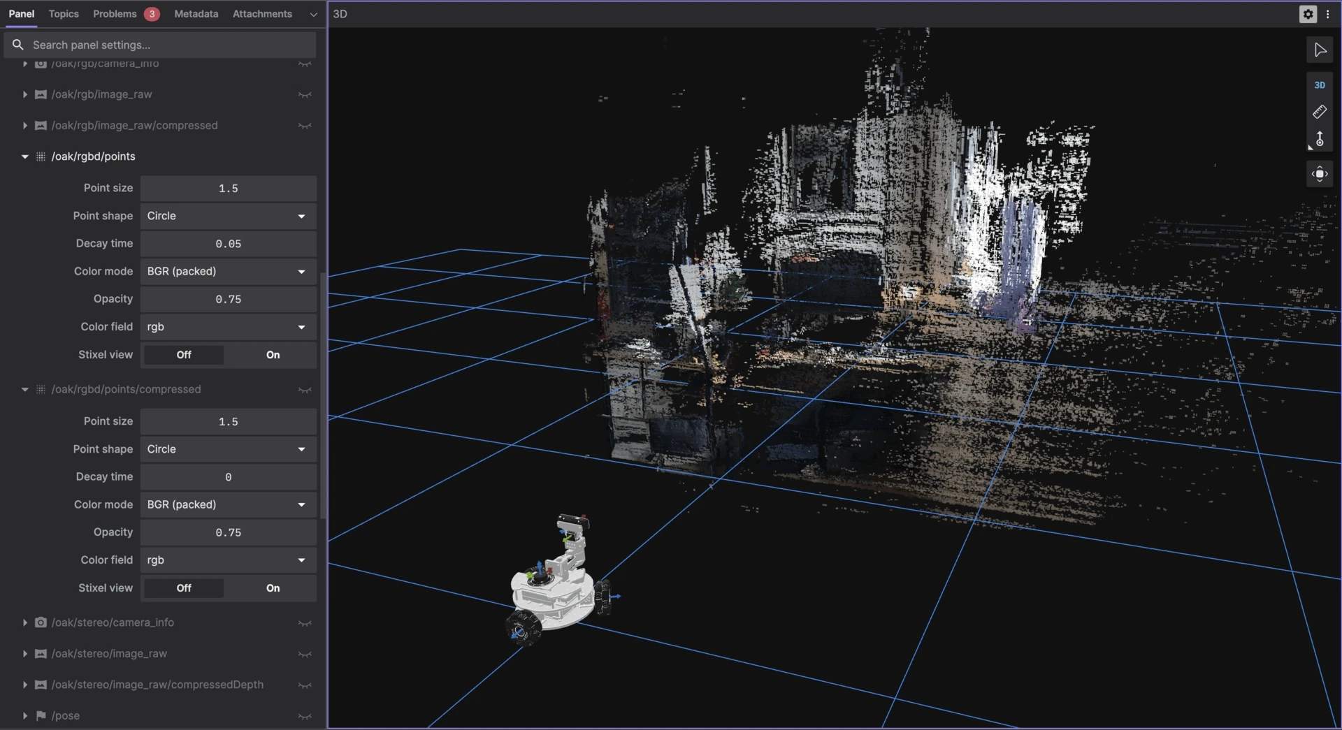 The compressed pointcloud rendering with full RGB color in Foxglove's 3D panel