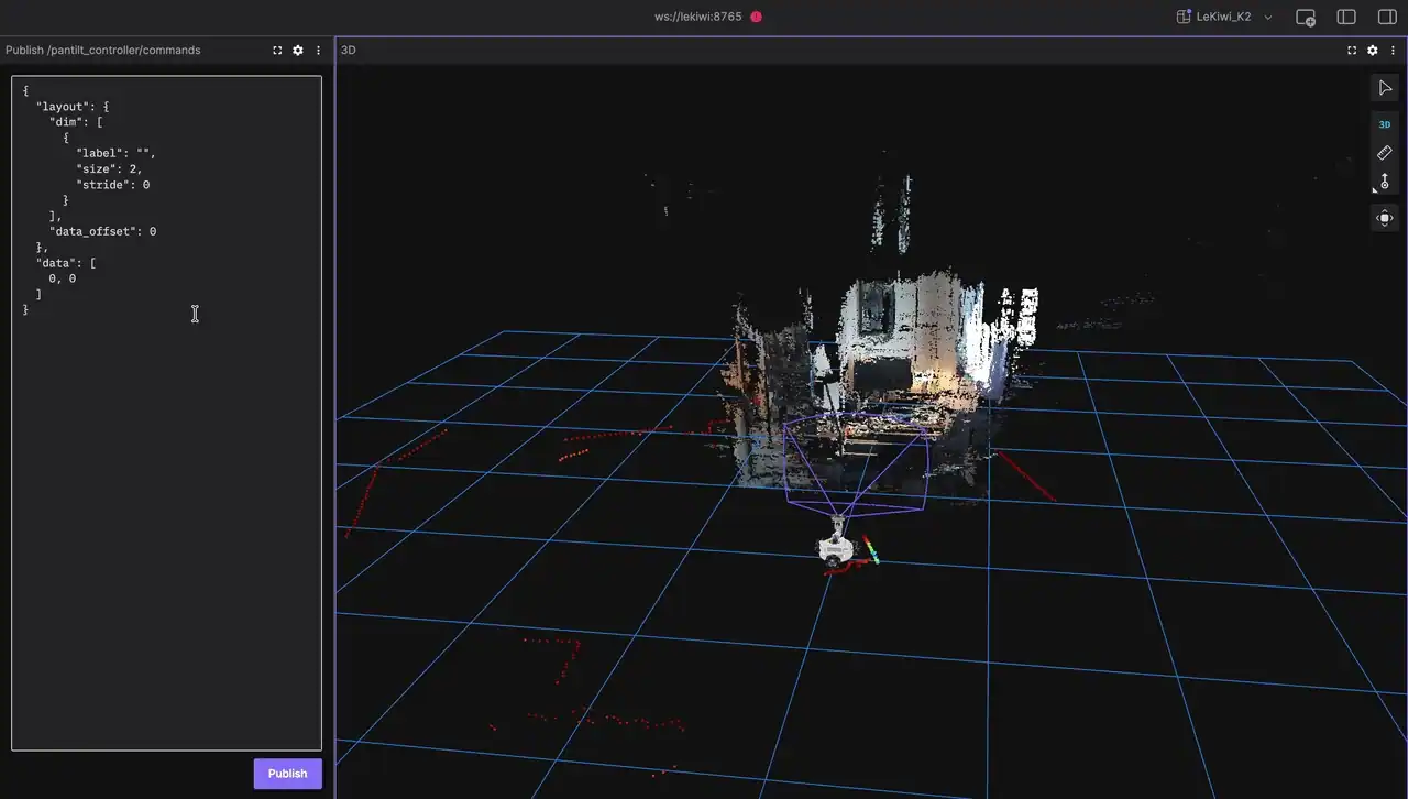 The compressed pointcloud updating in Foxglove's 3D panel as the pan-tilt camera moves