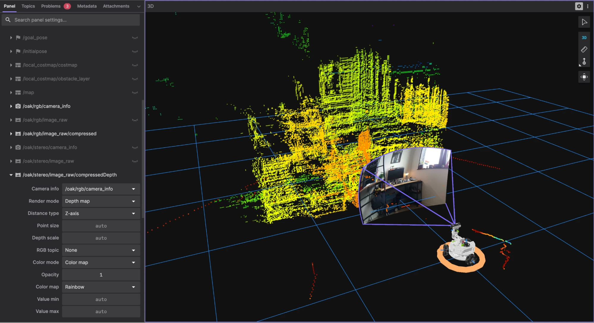 The depth map rendered as a pointcloud with rainbow depth-based coloring in Foxglove's 3D panel