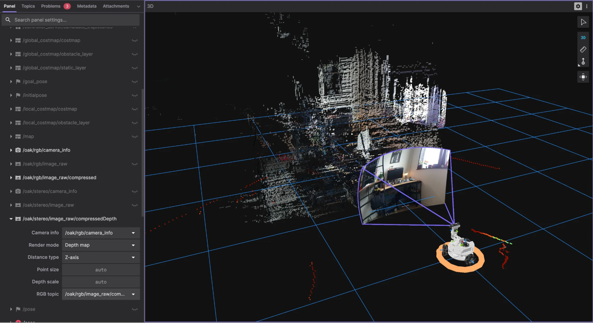The depth map rendered as a pointcloud, colored using the RGB image, in Foxglove's 3D panel