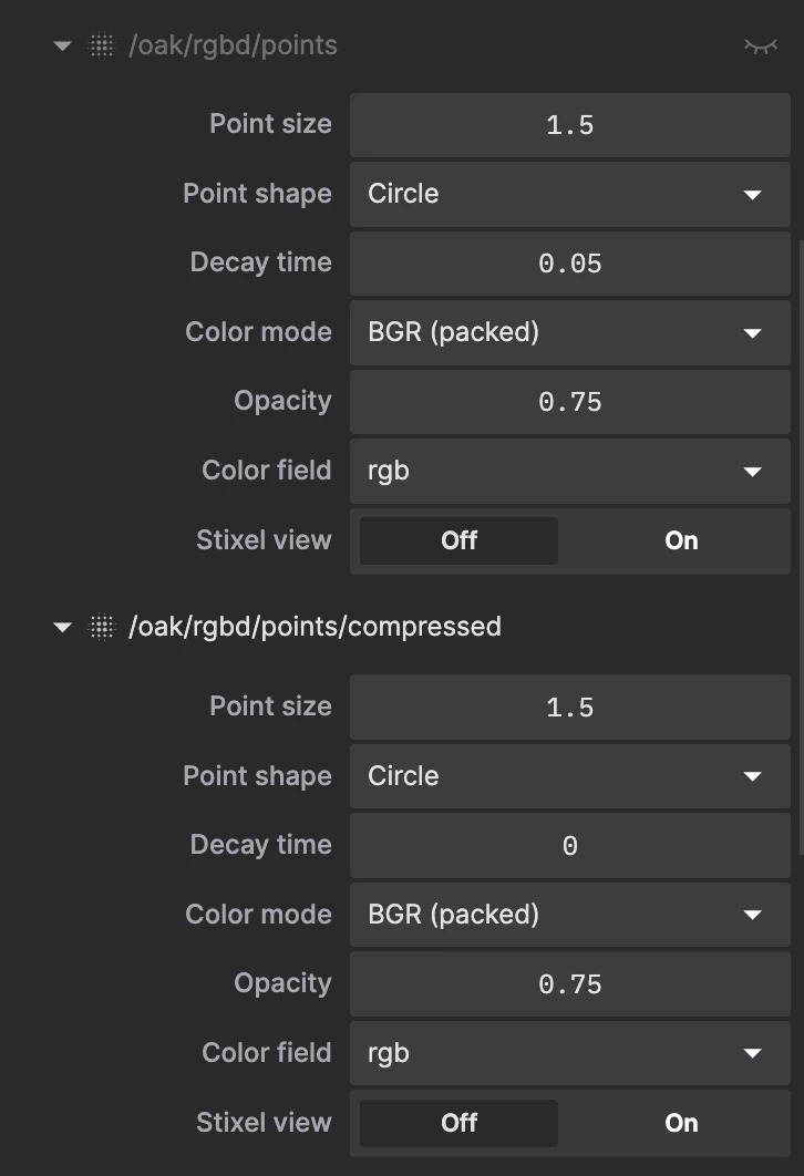 Foxglove 3D panel settings for the uncompressed and compressed pointcloud topics, side by side