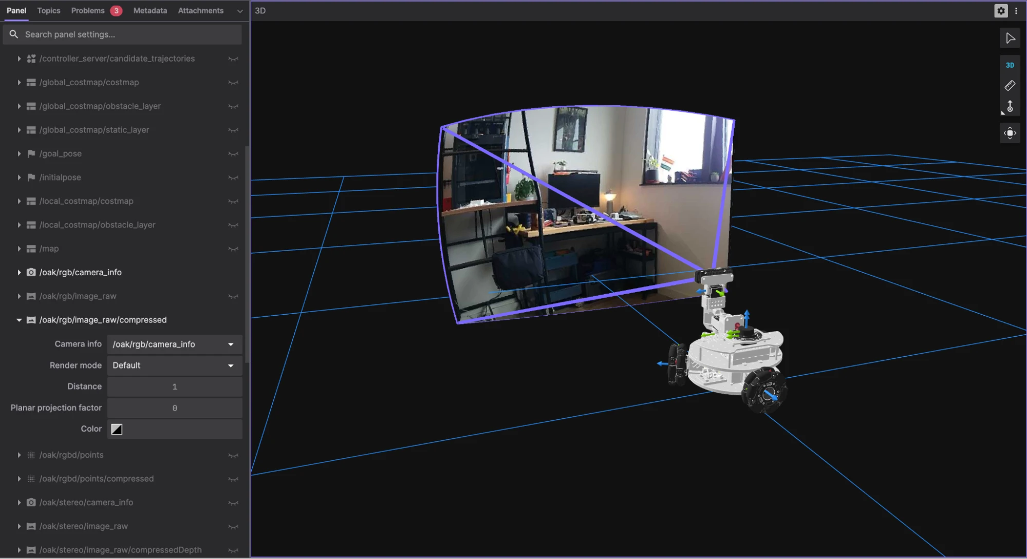 The OAK-D S2 RGB image projected onto a camera frustum in Foxglove's 3D panel