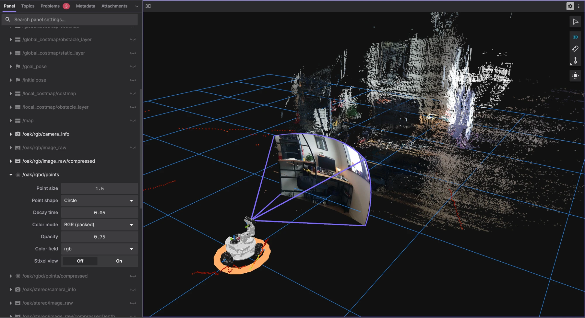 The full RGBD pointcloud rendered with color in Foxglove's 3D panel