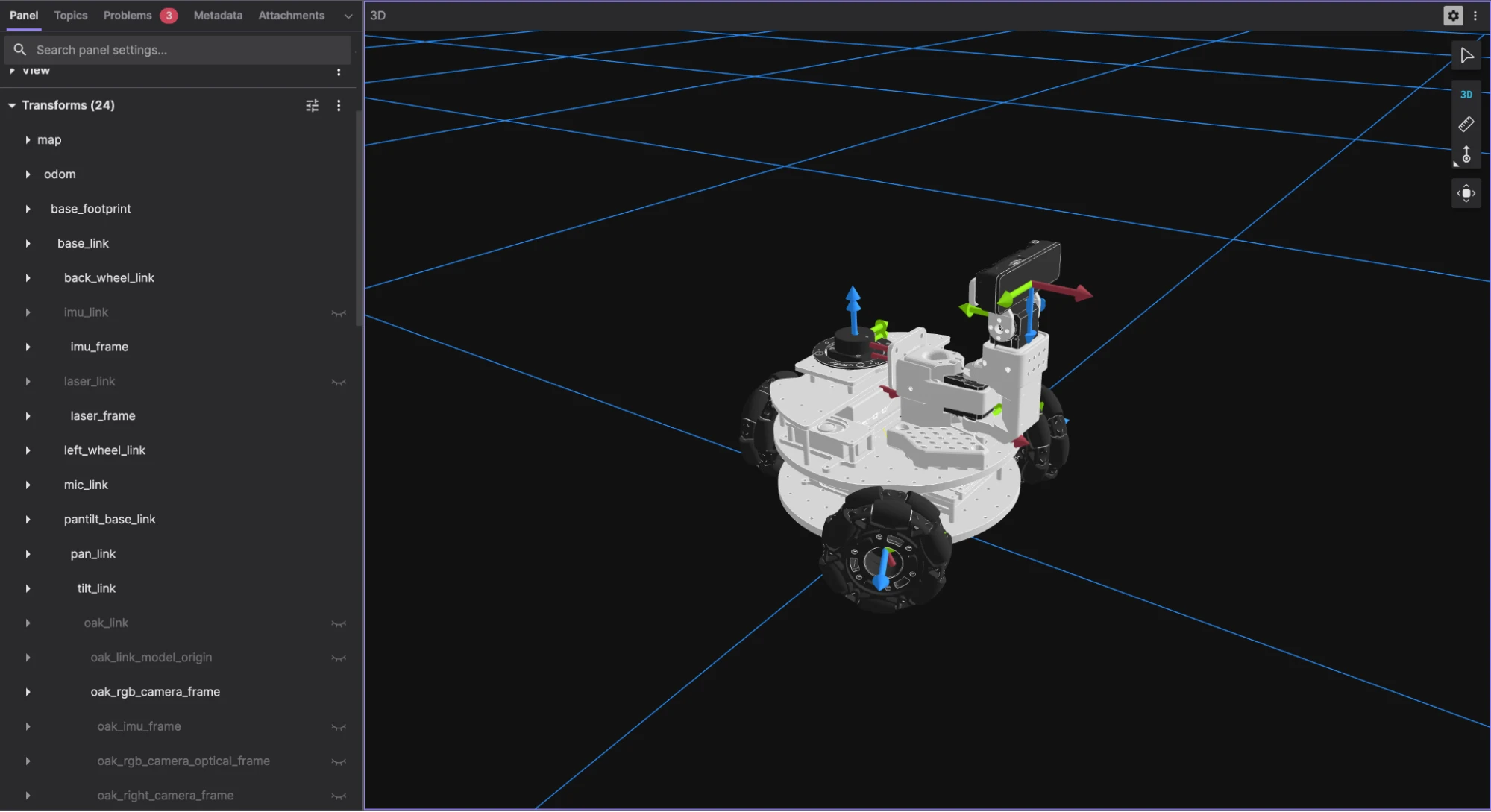 The robot's URDF model with the pan-tilt mechanism and camera mesh shown in Foxglove's 3D panel, with the transform tree listed in the panel settings