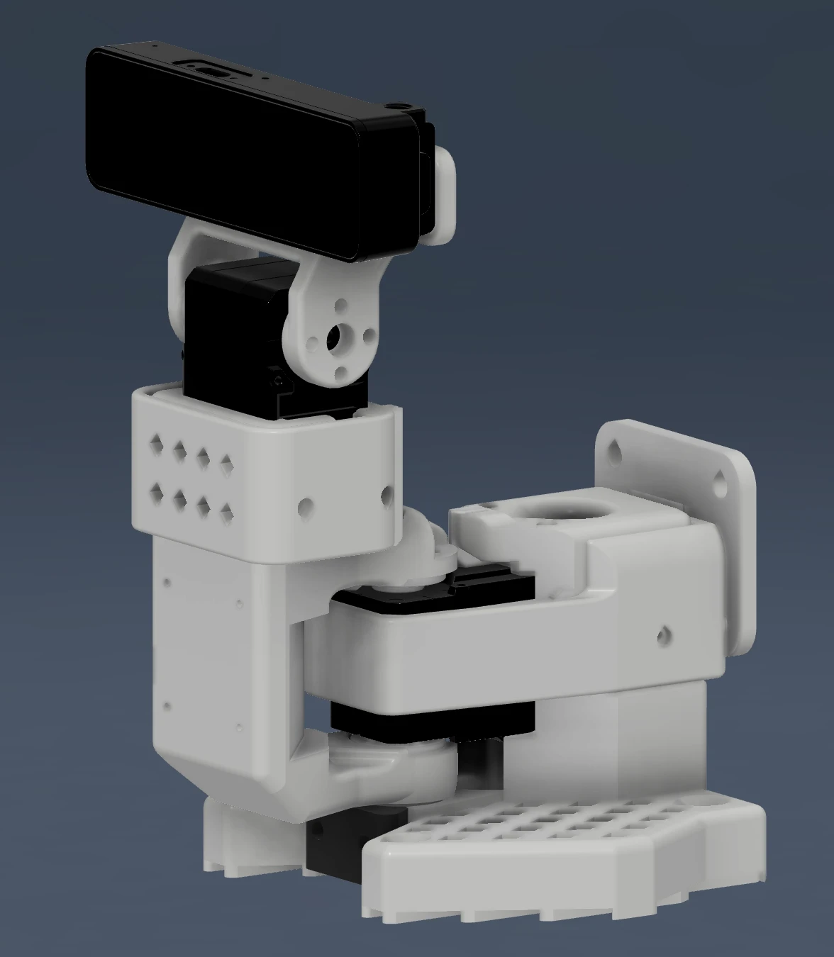 CAD render of the pan-tilt mechanism built from SO-101 arm joints, with the OAK-D S2 camera mounted on top