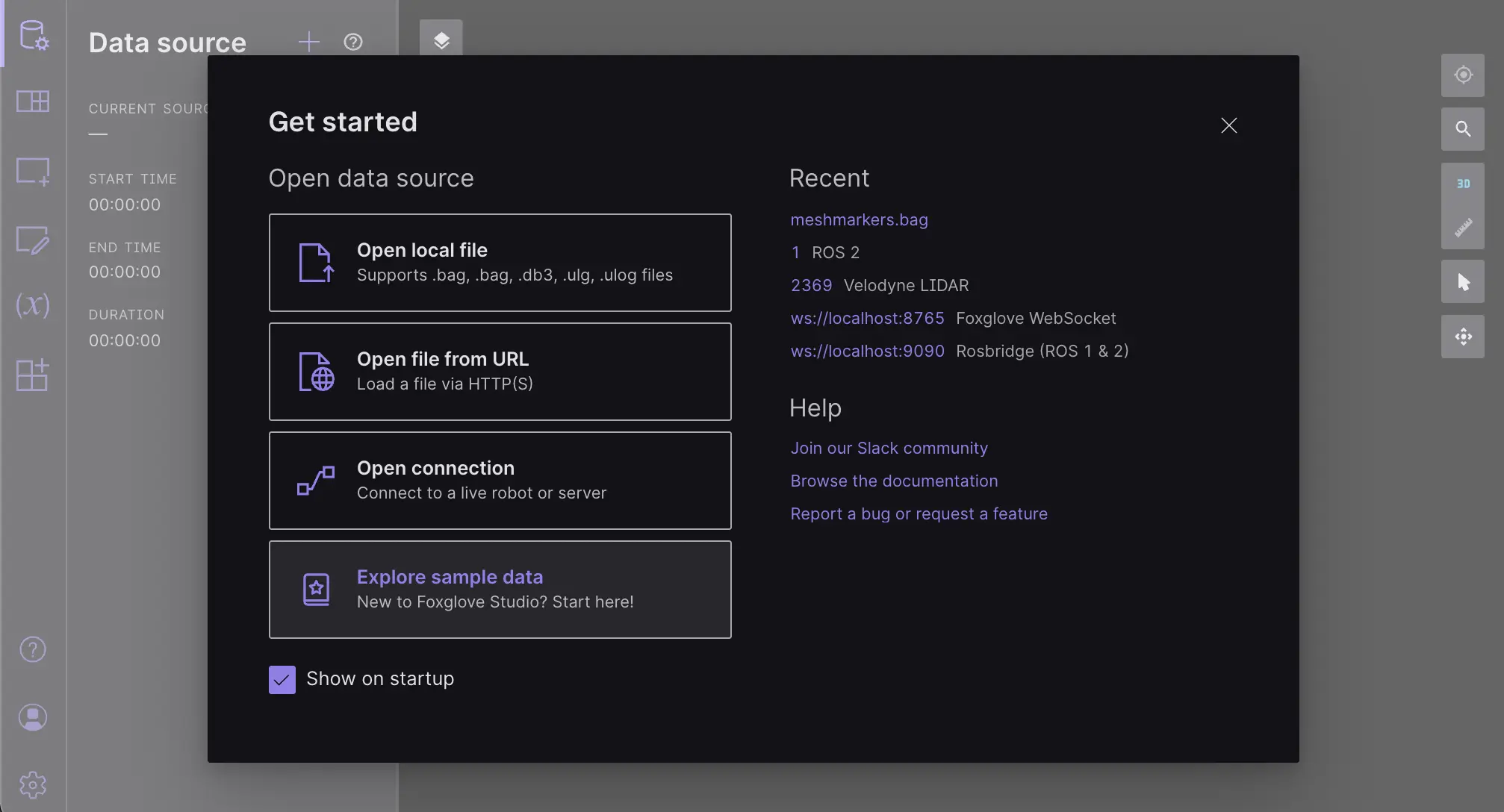 Foxglove's data source dialog