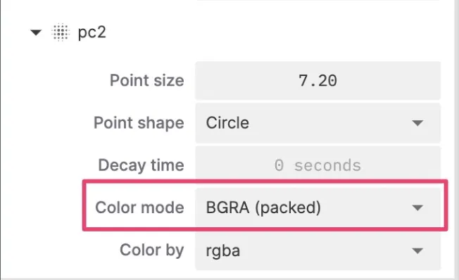 Panel settings for PointCloud2
