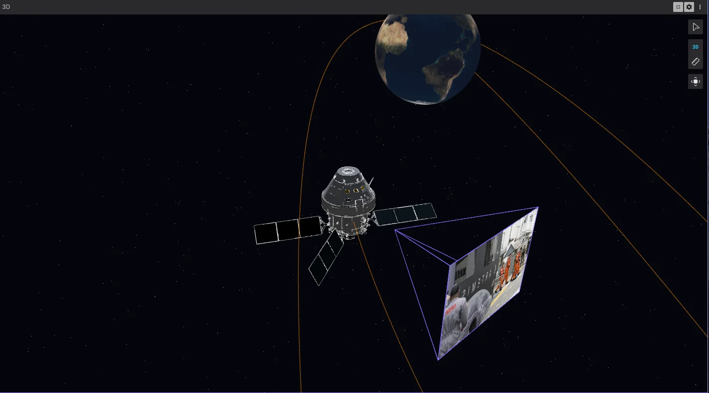 NASA's AROW Orion model with deployed solar arrays in the Foxglove 3D panel